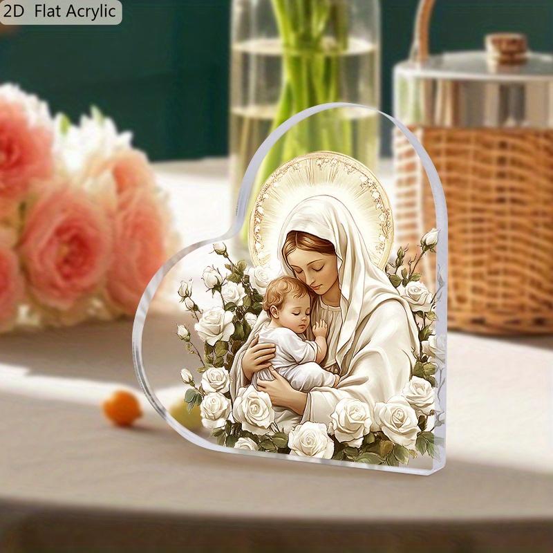 Heart-Shaped Nativity Scene Decoration - Virgin Mary & Jesus Religious Plaque with Floral Design, Acrylic Tabletop Decor for Christmas, Home, Church