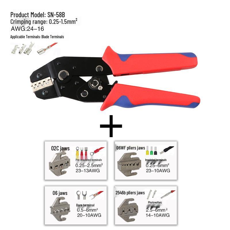 SN-58B Crimping Pliers Set for Pre-Insulated and Bare Terminals with Jaws 2546B/06WF/03H/06/02C
