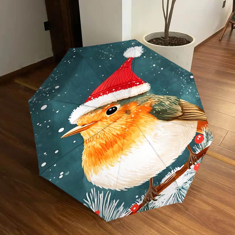 

Christmas Robin with Santa Hat - Automatic Opening Umbrella, Portable 3-Fold Design, 8-Bone Iron Frame Outdoor Umbrella, Festive Gift for Fa