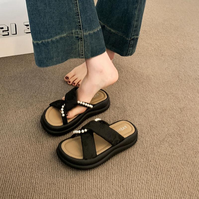 Fashion Shoes Woman 2025 String Bead Female Slippers Platform New Beach Slides Scandals String Bead House Slippers Platform Beach Shoes