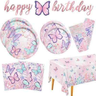 Fialový Růžový Butterfly Jednorázové nádobí Dekorativní Motýl Dekorace na narozeninovou párty pro dívku Baby Shower Dárek Motýli