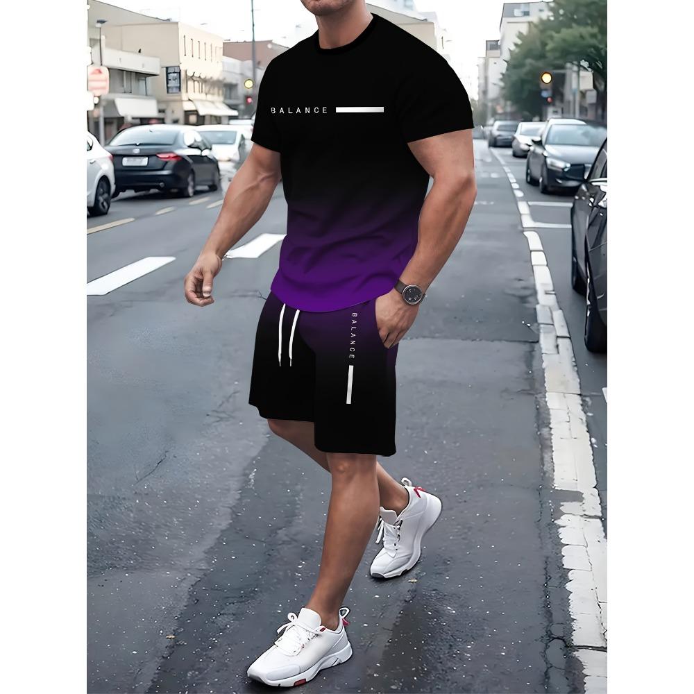 Summer men s short sleeved shorts set with gradient letter digital print 2XS