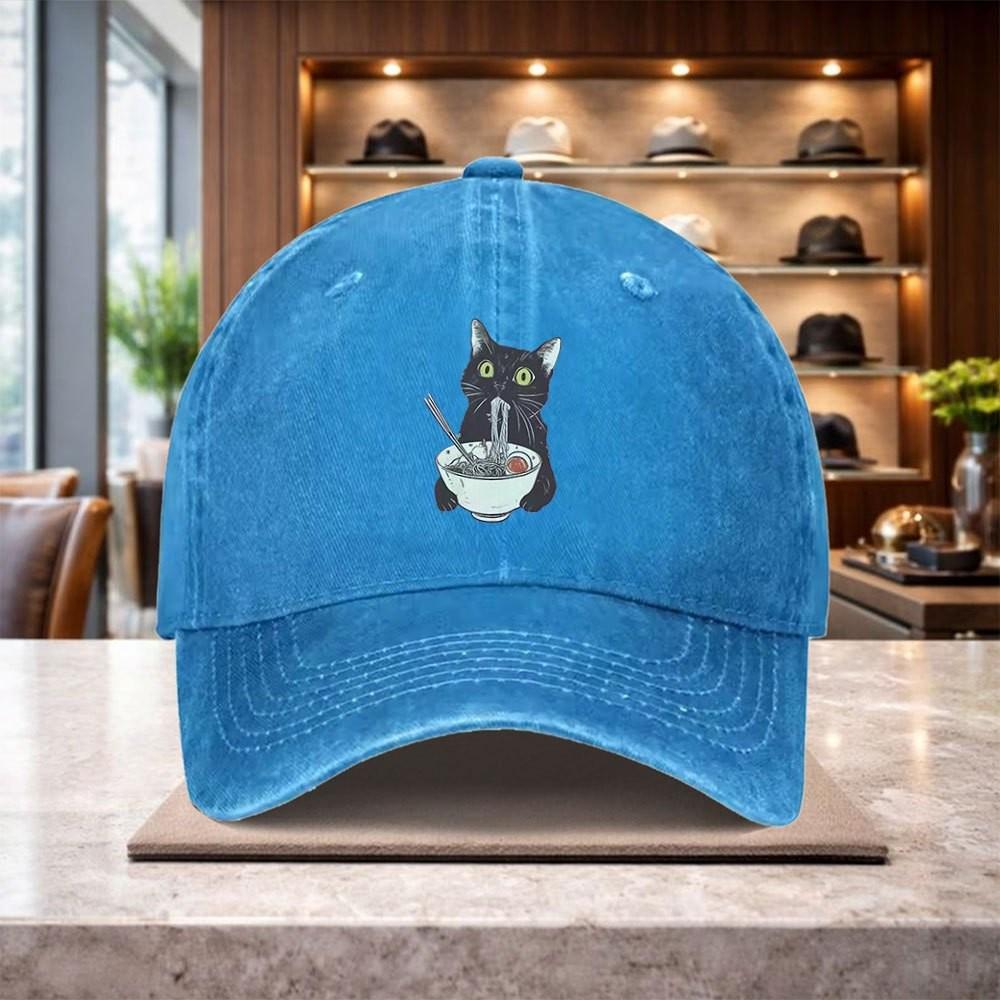Black Cat Eating Ramen Baseball Cap Unisex Casual Cotton Adjustable Graphic Print Hat
