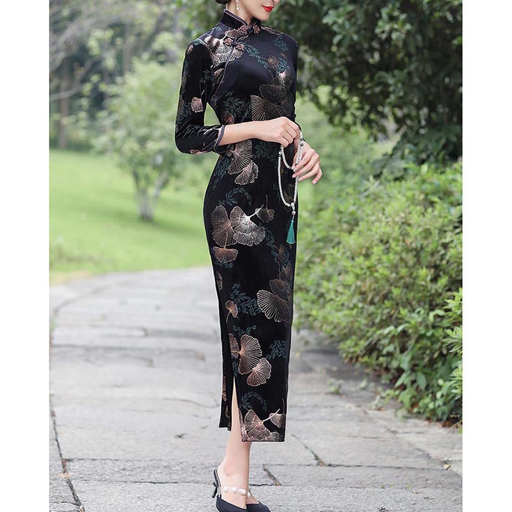 Sleeve Cheongsam Dress with Ginkgo Leaf Chinese Party Formal and Long, 3/4 Design, Velvet, Clothing, Slit, Dress, (Black Gold, L)