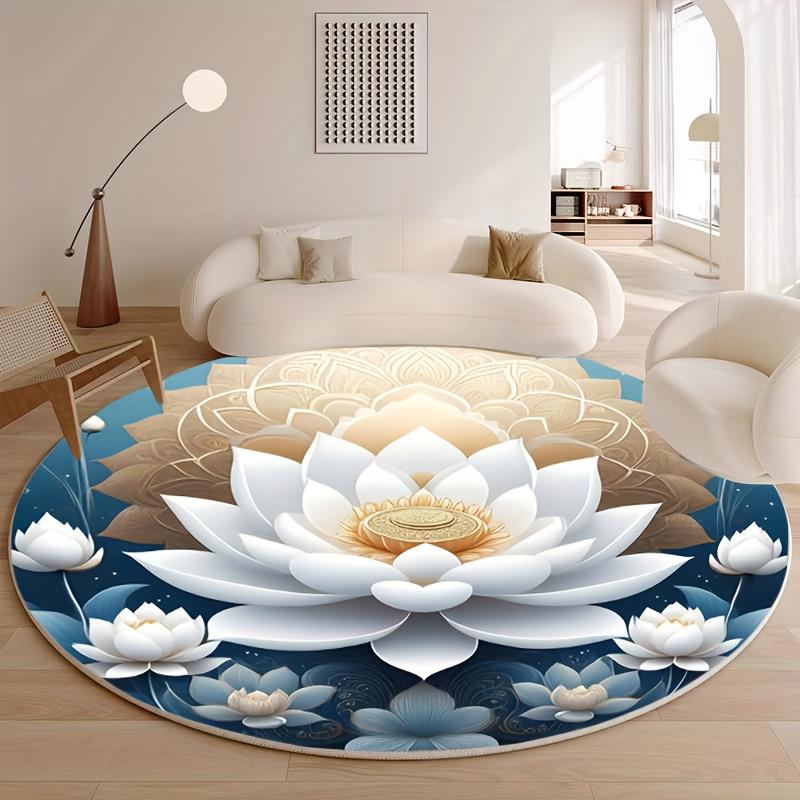 Flannel Printed Round Rug With White Lotus Design For Yoga Meditation And Home Decor Soft Floor Mat Spiritual Art Theme