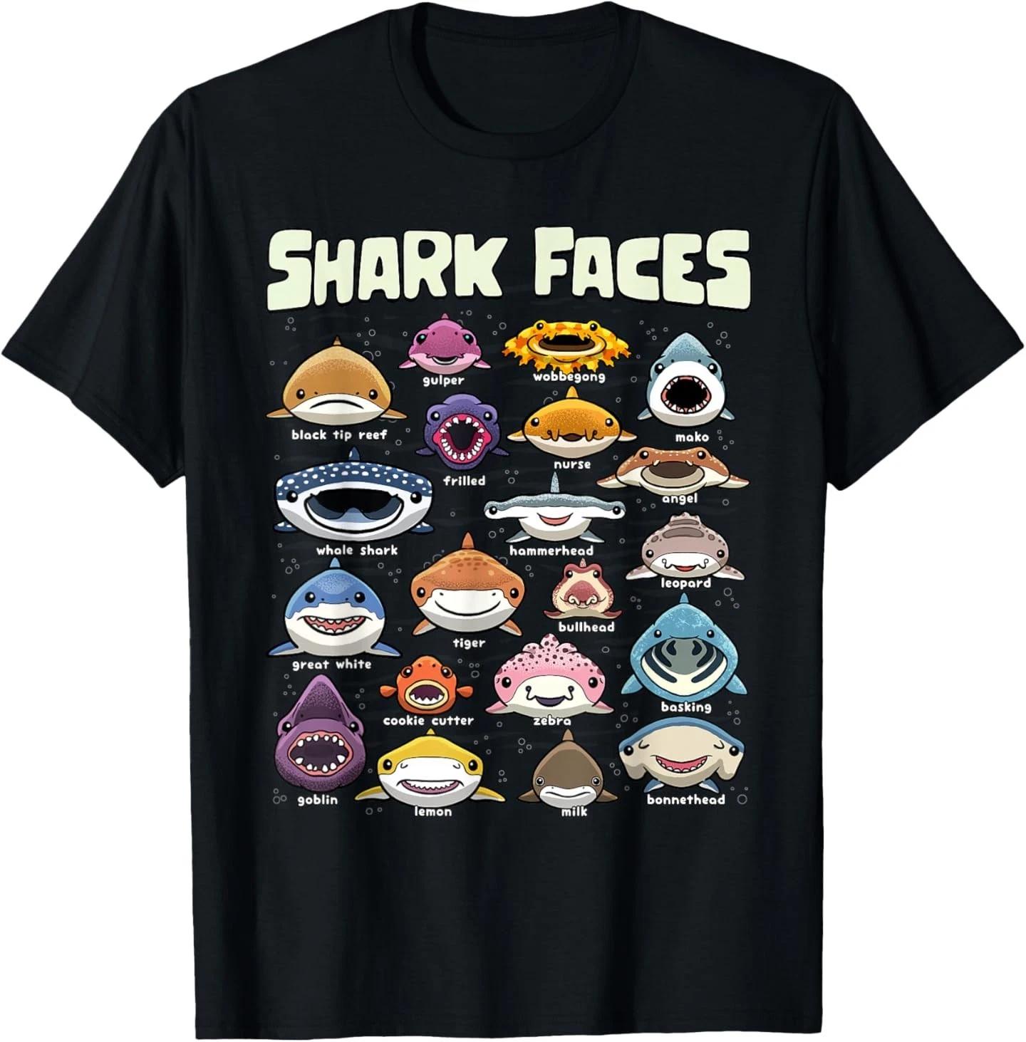 Types of Shark Faces Sea Animals of The World Shark Lover T- Shirt XL