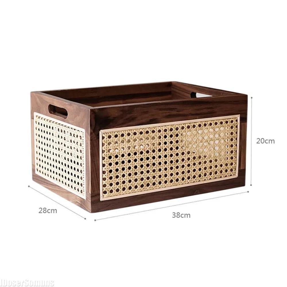 Retro Luxury Kitchen Desktop Solid Wood Storage Box Rattan Basket Book Snacks Cosmetics Organizer Home Appliance