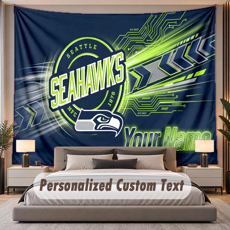 Custom Name Text Tapestry Seattle Seahawks Personalized Polyester Wall Tapestry For Bedroom And Room