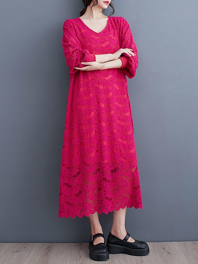 Xitao Casual μακρυμάνικο δαντέλα φόρεμα DMJ2338