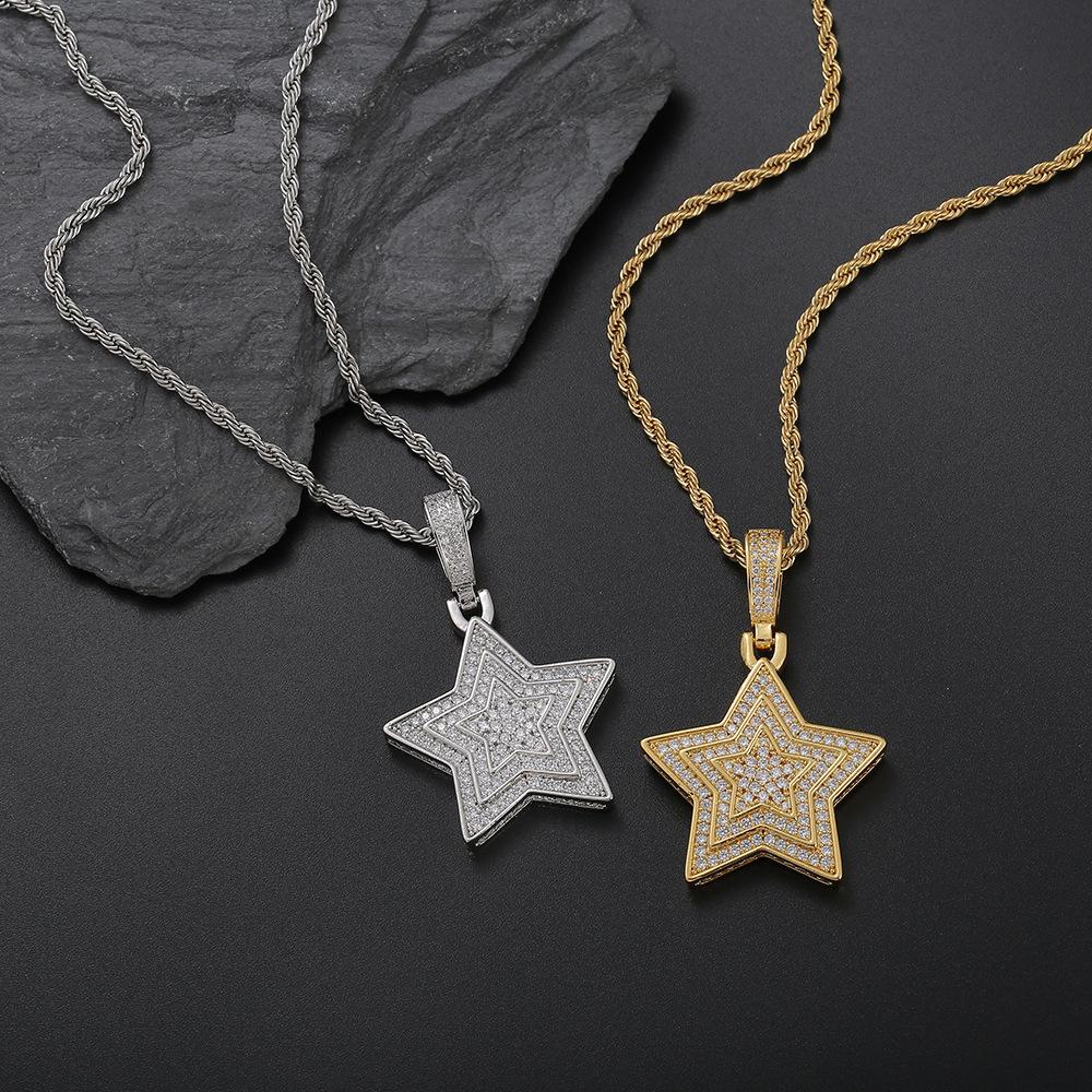European and American Hip-hop Necklace, Three-layer Five-pointed Star Copper Inlaid Zircon Couple Pendant Neck Chain, Hipster Street Pendant.