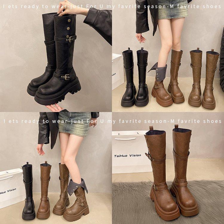 Brown retro British style platform boots women's 2025 autumn and winter new long boots high tube height increase and thin knight boots
