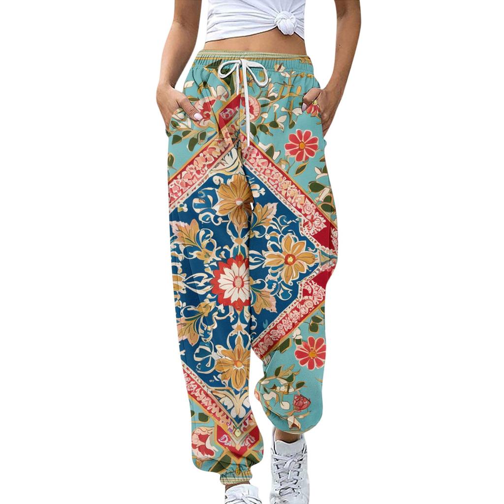 Women's Sports Pants With Pockets Fashion Floral Print Elastic Waist Pants Casual Sweatpants Pants