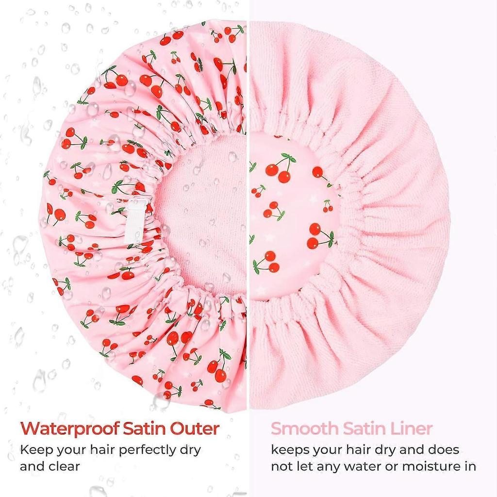 Shower Cap for Women Terry Lined Bath Cap Large Reusable Waterproof Elastic Band Pink Shower Caps for Long Thick Hair Soft Bath Shower Hair Caps