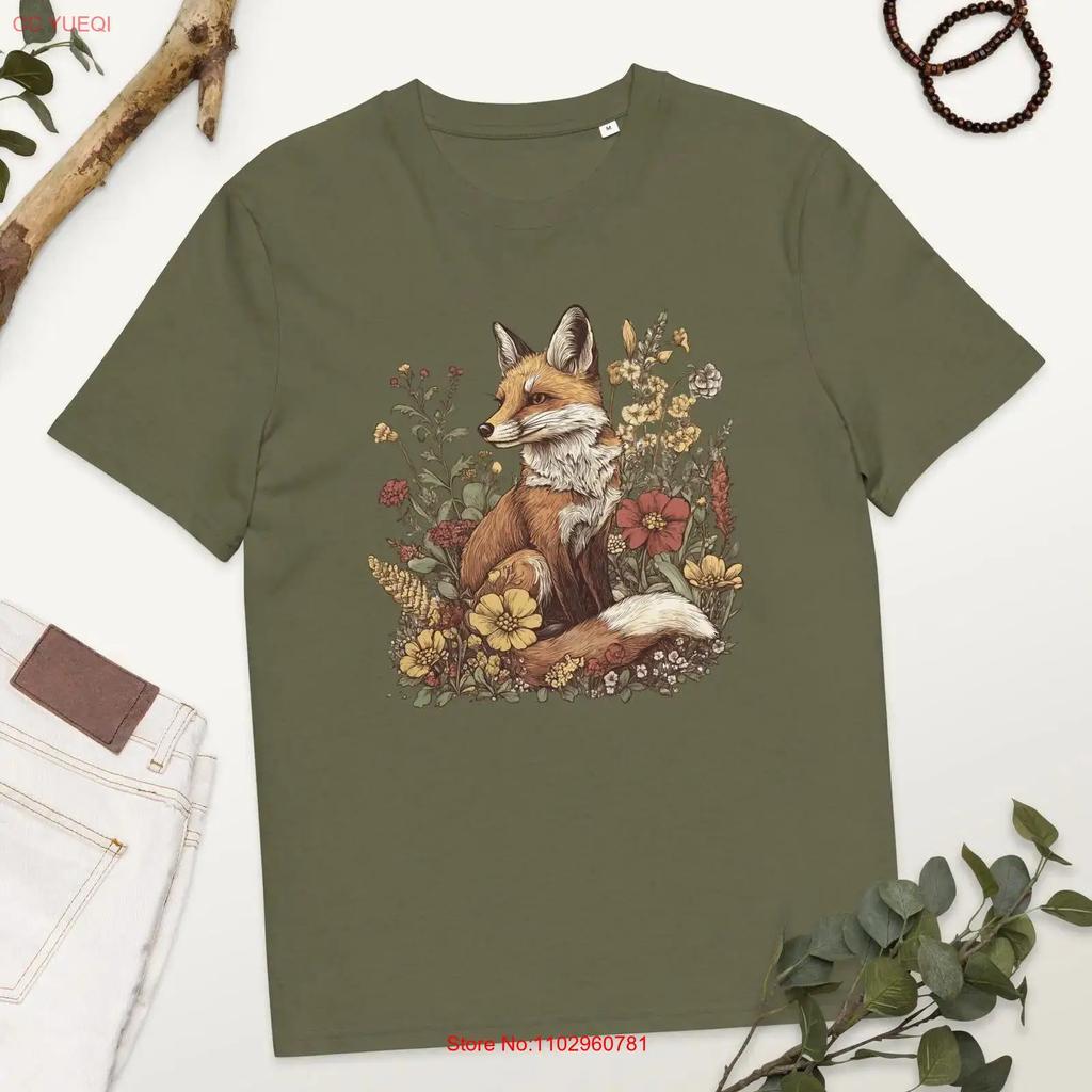 Floral Fox Botanical Nature Organic Cotton T Shirt Vintage Flower Woodland Lover For Her Animal Vintage Versatile Homme