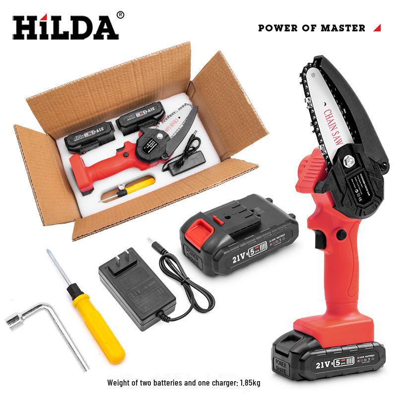 HILDA Electric Mini Chainsaw, Lithium Battery, Certified for Felling & Pruning