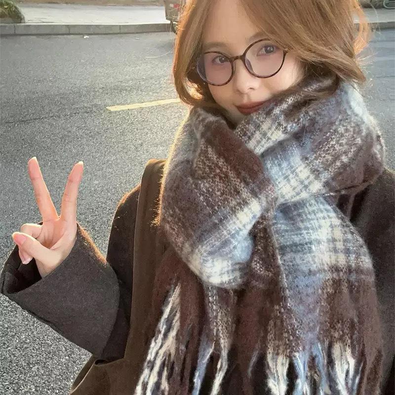 Korean Style Women's Winter Mohair Scarf - Versatile Khaki Plush Neck Warmer
