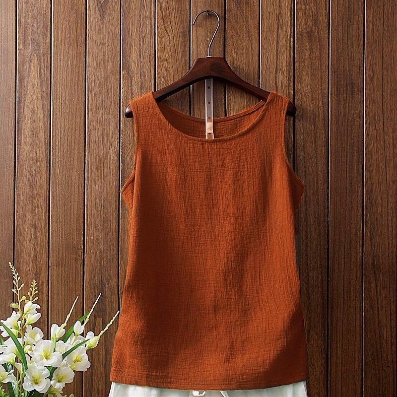 Spring/Summer Women's  Cotton and Hemp Vest T-shirt Loose Bottom Versatile Outer Sleeveless Solid Color Top