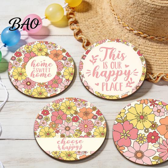 Rabbit Pattern Mug Pads 4PCS Easter Flower Coasters Set, Thick Cork Base Non-Slip Heat Resistant Drink Kitchen Countertop Protection Coasters, Floral
