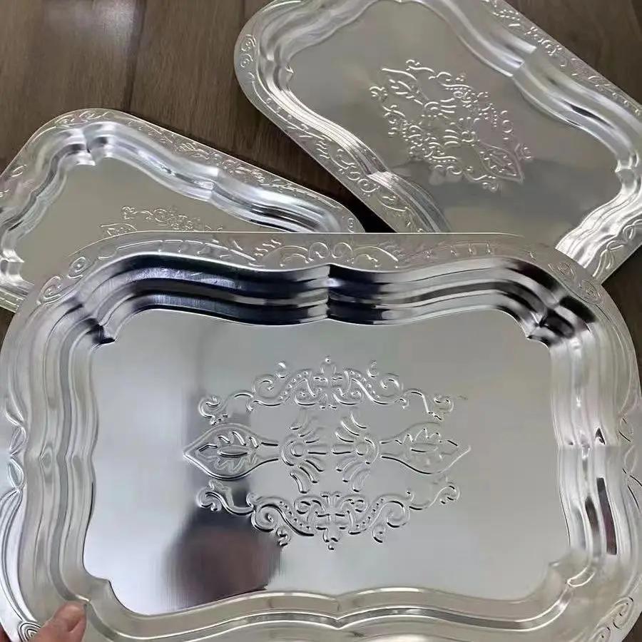 1 STÜCK Rechteckiges Tablett aus Edelstahl mit geprägtem Design für Küche Wohnzimmer Aufbewahrung Langlebige Servierplatte für Obst, Snacks, Kuchen