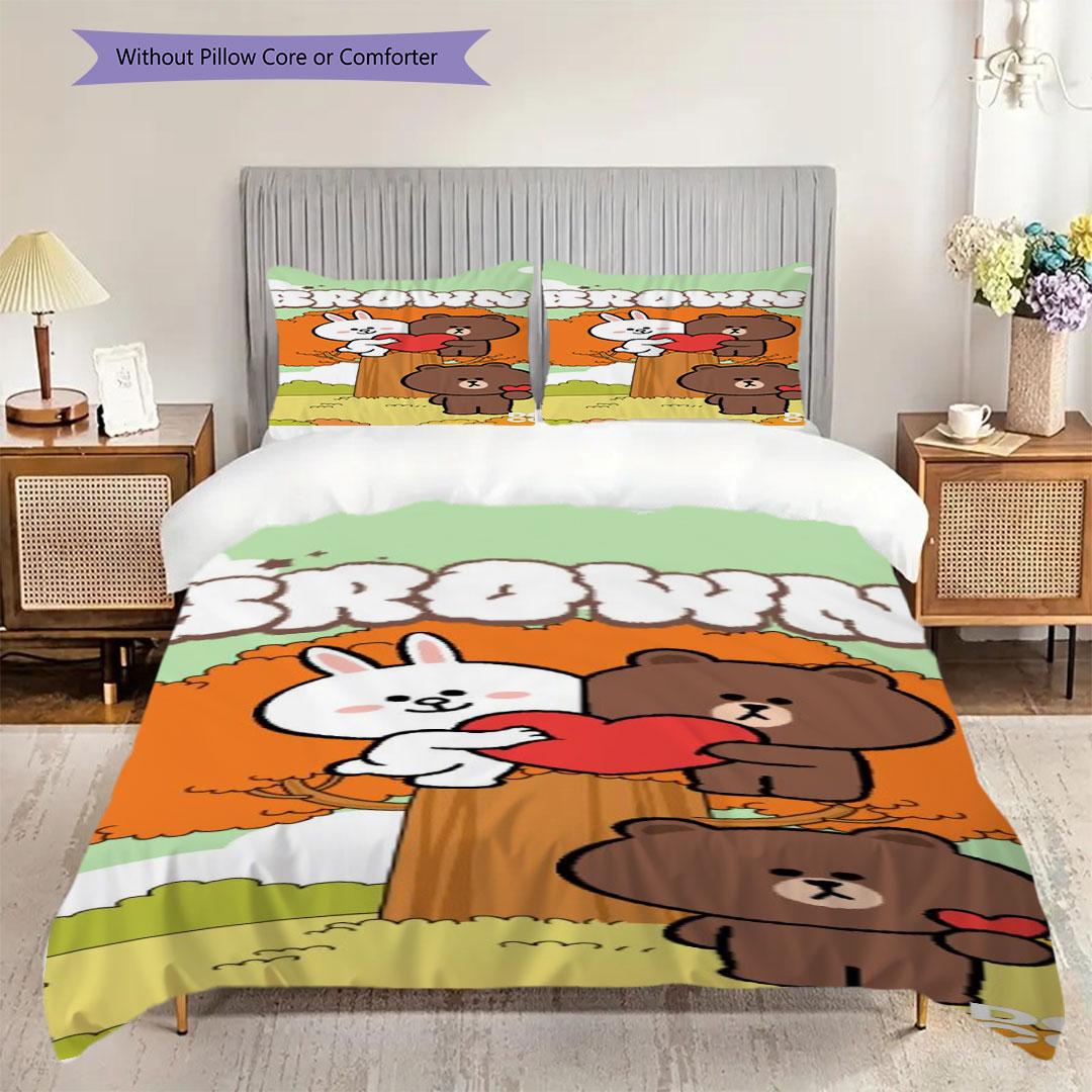 

3-piece cartoon brown bear and Cony rabbit print bedding set (1 duvet cover + 2 pillowcases, duvet insert not included). 135x200cm