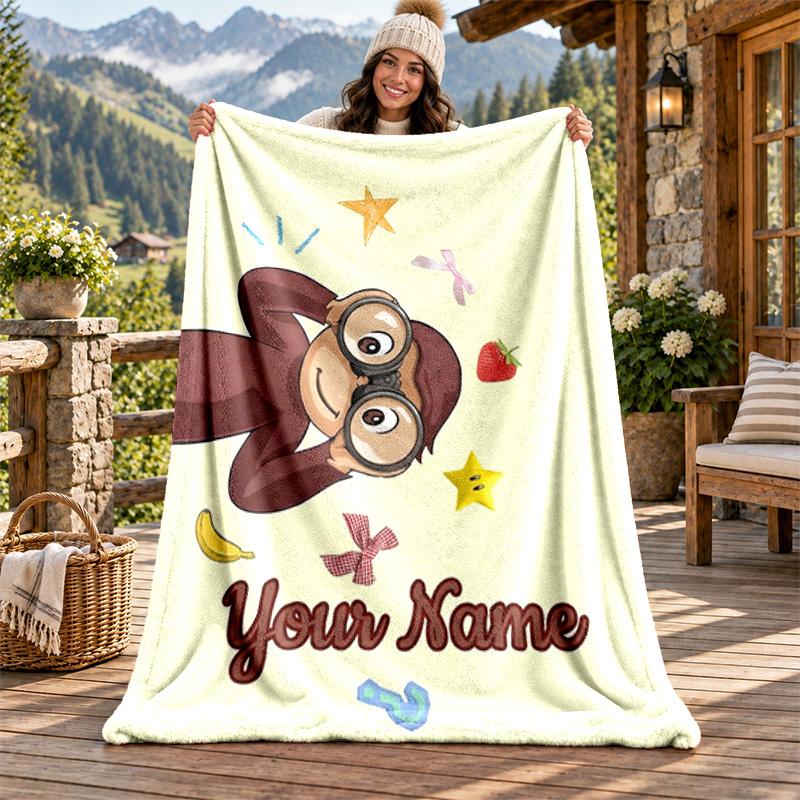 Curioso George Custom Name Flannel Blanket Personalized Soft Warm Plush Throw Blanket Customized Gift for Family Friends
