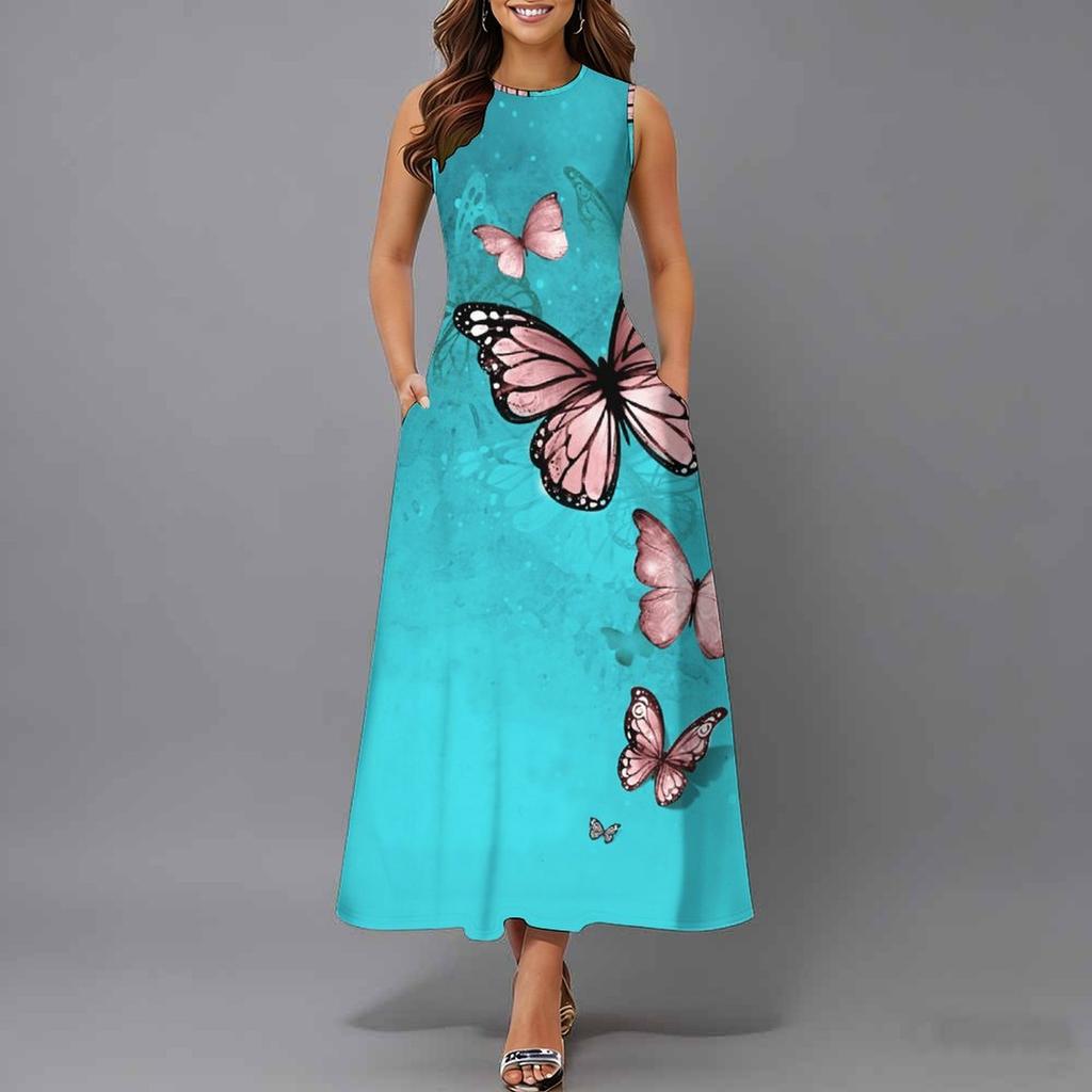 Women Loose Sleeveless Round Neck Dress Elegant Watercolor Floral Branches Calf Length Gown