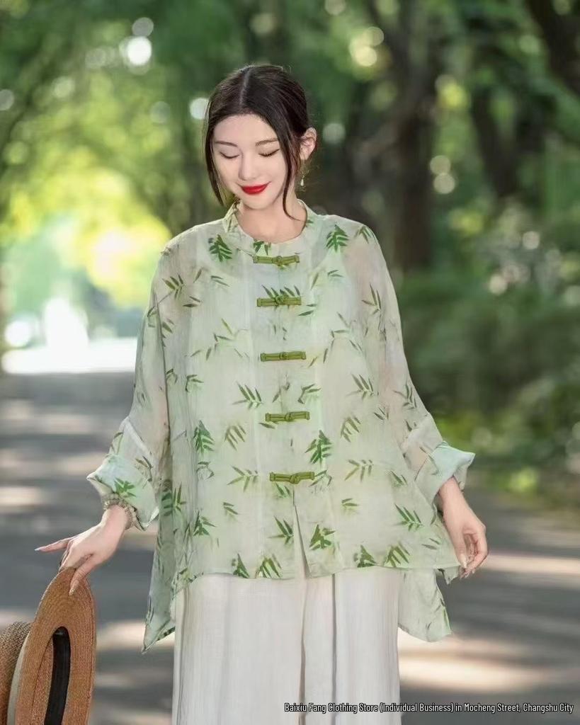 Frühling/Sommer 2026 Damen Chinesischer Stil Elegantes Print-Stehkragen-Langarm-Ramie-Hemd