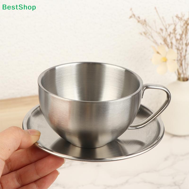 Double-Walled Stainless Steel Tea Cup Set - Includes Saucer and Spoon for Office & Home