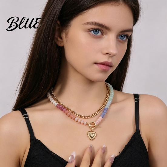 Colorful Bead Necklace Beaded Layered Women Heart Pendant Choker Lead-free
