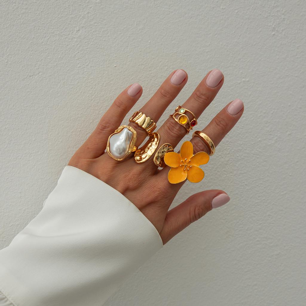 Ingemark 6Pcs/Set Vintage Flower Open Rings for Women 2026 New Fashion Boho Imitation Pearl Crystal Ring Y2K Bridal Jewelry Gift