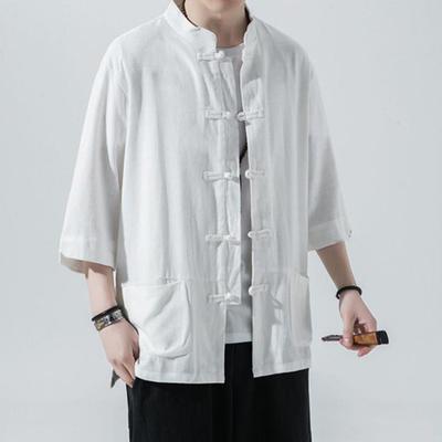 Yousheng Men's Chinese Style Shirt Loose Retro Button-down Shirt with Pockets Cotton Linen Breathable Summer Shirt for Street Party Travel