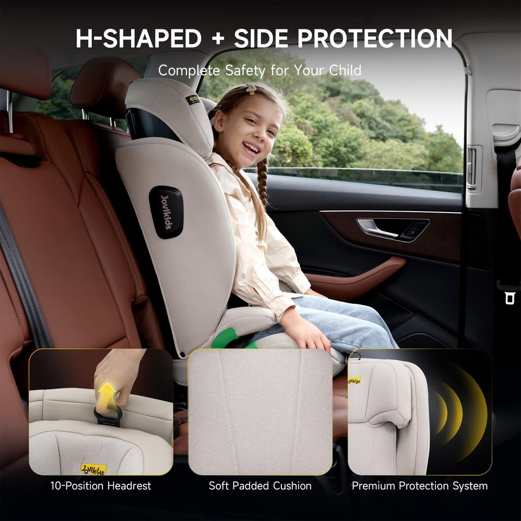 Leon Highback Booster Seat, ISOFIX, i-Size R129, 100-150cm, 3-12 Years, Seatbelt Clip (Beige)