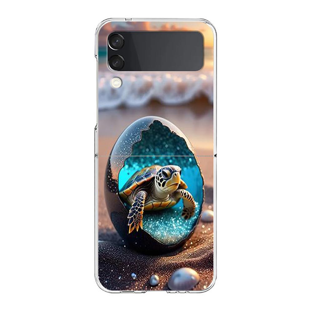 Phone Cover For Samsung Galaxy Z Flip 7 6 5 4 Case Transparent For Samsung Z Flip 3 Hard PC Shell Ocean Cute Dolphin Sea Turtle