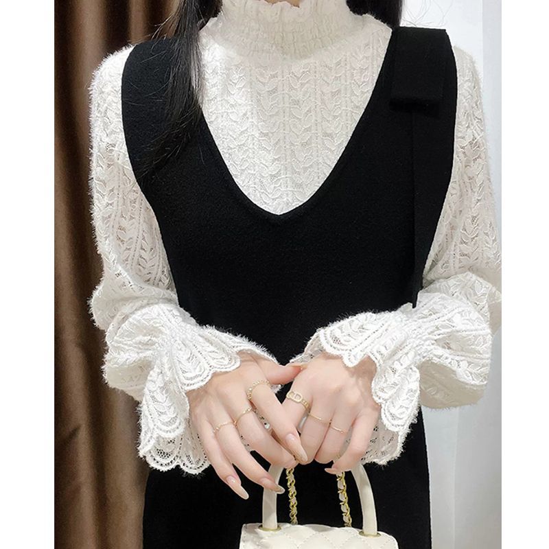 High-collar Padded Lace Bottoming Shirt Women High-end Temperament Thickened Within The Small Shirt French Mesh Blouse