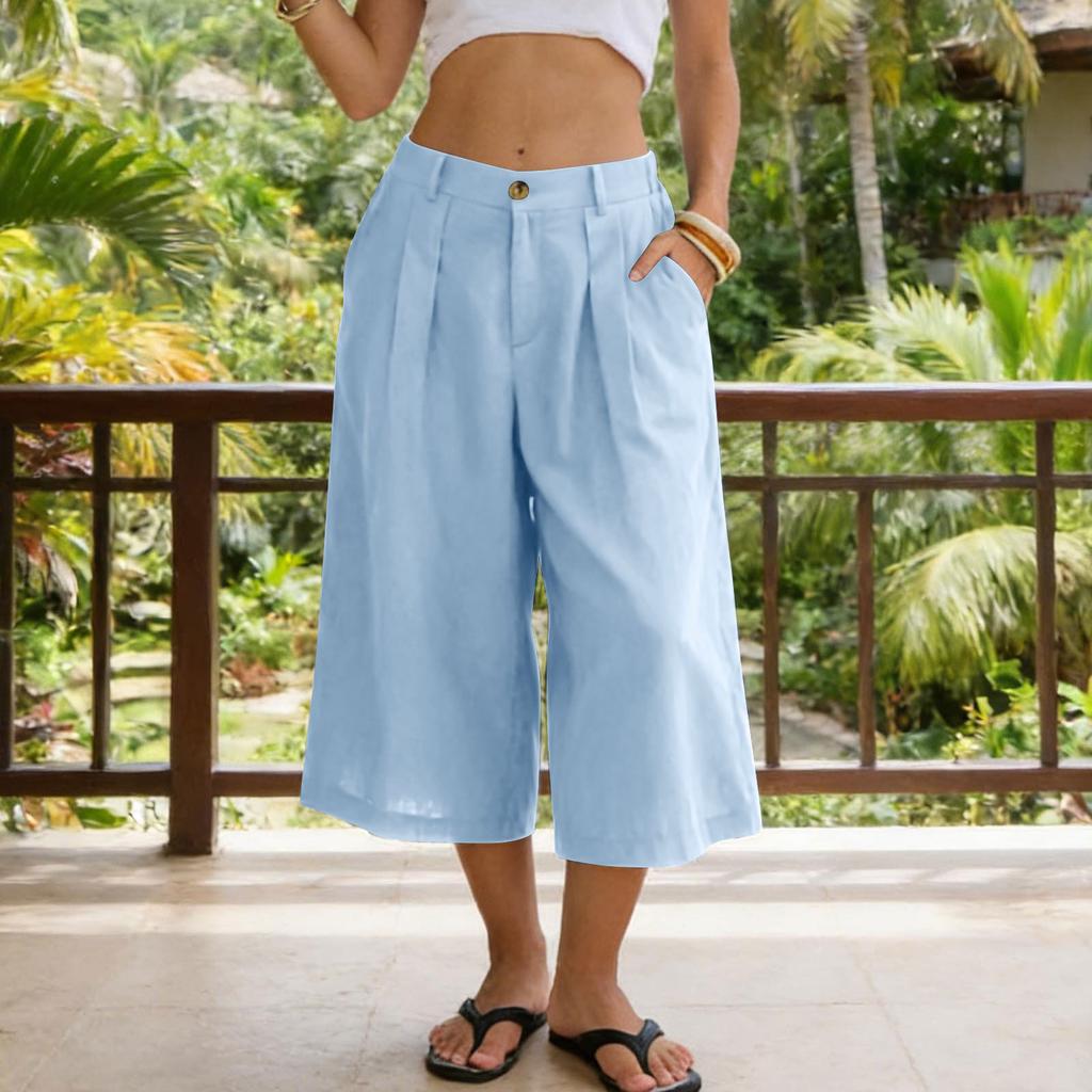 Women’s Casual Loose Fit Cropped Pants with Pockets Relaxed Mid Waist Wide Leg Seven Quarter Length Trousers for Everyday Wear