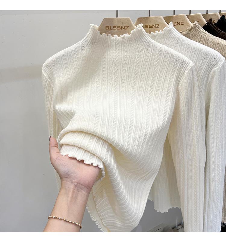 Women's Half Turtleneck Knit Sweater - White, Wood Ear Edge Design, Spring/Fall/Winter