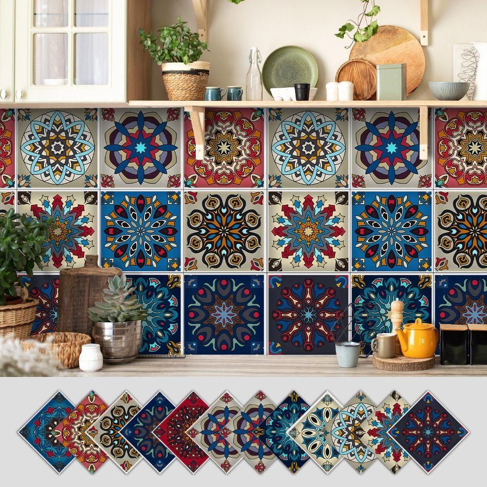 12Pcs Mandala Pattern Backsplash Tile Stickers Multicolor Design Waterproof Peel and Stick Tile Classic Style Self-Adhesive