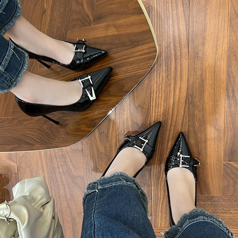Black stiletto high heels spring new metal buckle pointed patent leather sexy single shoes women's fashion versatile