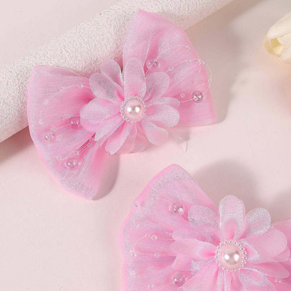 2Pcs/set Sparkly Organza Ribbon Bow Hair Clips for Girls Pearl Beaded Flower Hairpins Mesh Barrettes Elegant Aesthetic Headwear