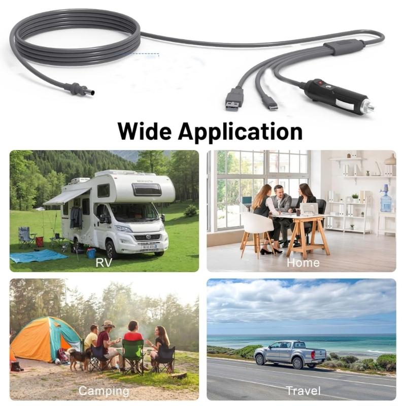 Mini Power Cable 10ft 3 In 1 with USB C Car Charger and DCDC Waterproof Cable