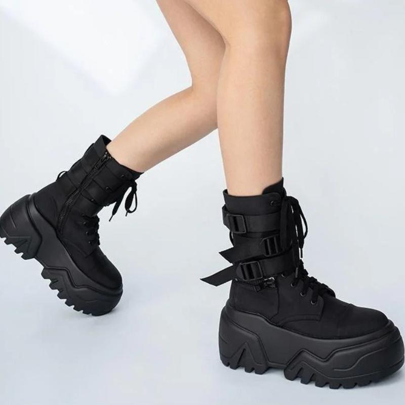 Fashion Women Ankle Booties Autumn Leather Chunky Shoes Woman High Platform Breathable Sneakers 9CM Thick Sole Wedges Motorcycles Boots