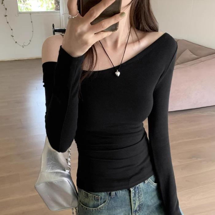 Pure Lust Style Thin Slanted Shoulder Long-sleeved T-shirt Women's Autumn New Lazy Slack Spice Slim Top