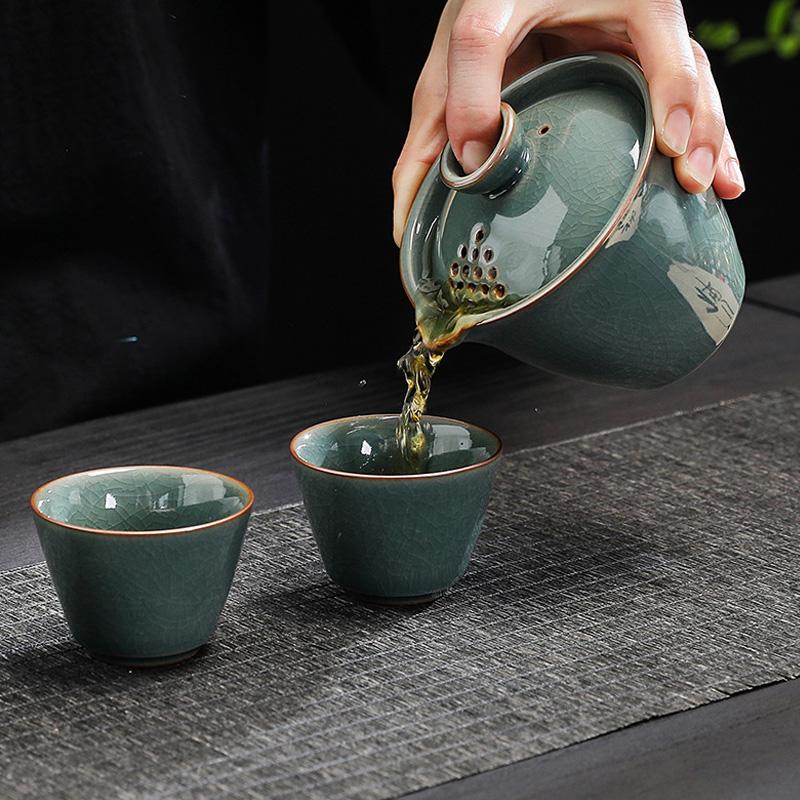 Neues Keramik Tee-Set 3 Tassen Gaiwan Tragbares Reise Chinesisches KungFu Terrine Teegeschirr Zeremonie 170ML