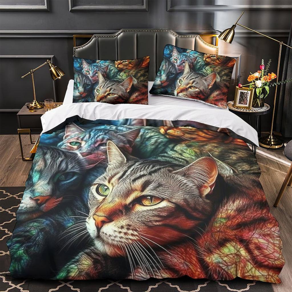 3D Digital Printing Color Cat Series Quilt Cover Pillowcase Two Or Three-Piece Set Polyester Abraded
