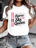 Women's Pure Apres Ski Queen T-Shirt White with Pink Ski Snowflake Print Sleeve Casual Top Ski Resort Outfits Aesthetic Clothes