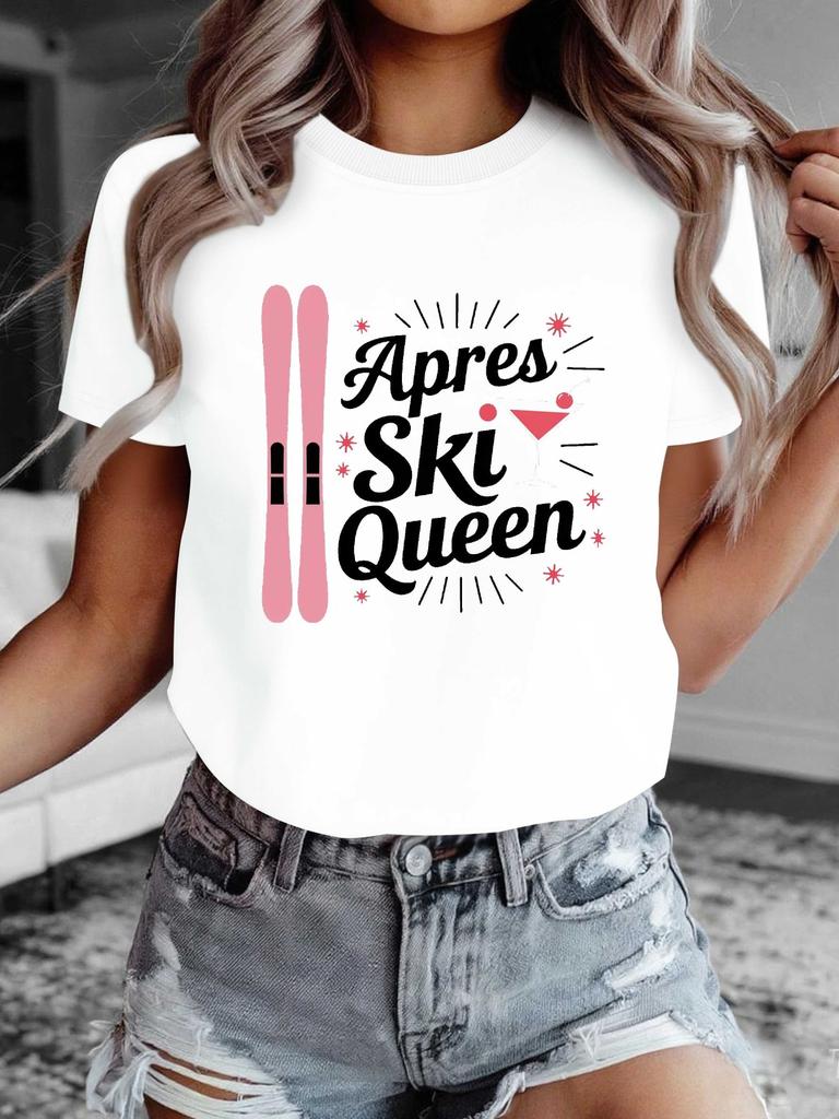 Women's Pure Apres Ski Queen T-Shirt White with Pink Ski Snowflake Print Sleeve Casual Top Ski Resort Outfits Aesthetic Clothes