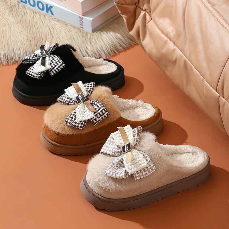 Bow Cotton Slippers Autumn and Winter Cotton Shoes Home Platform Warm Shoes Plush Household Wool Slippers