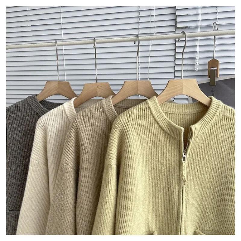 Doppelkopf-Reißverschluss Rundhals Strickjacke Top Weiche Strickjacke Pullover Damen Frühling und Herbst Neu Locker Tasche