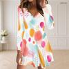 Women Plus Size V Neck Long Sleeve Blue Black Printed Curved Hem Dress