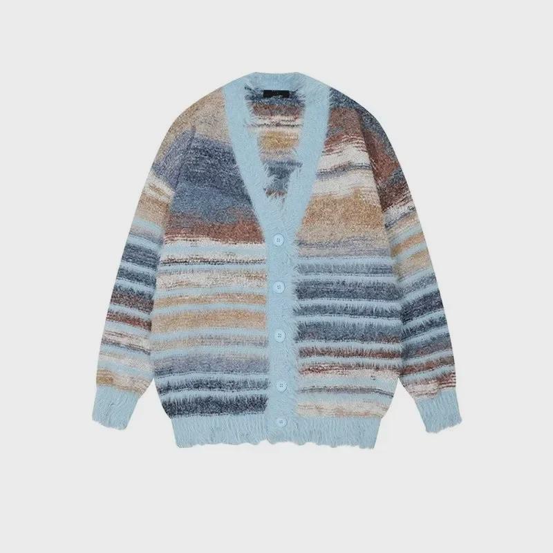Unisex Gradient Striped Cardigan - Autumn/Winter Casual Long-Sleeve Knitted Sweater